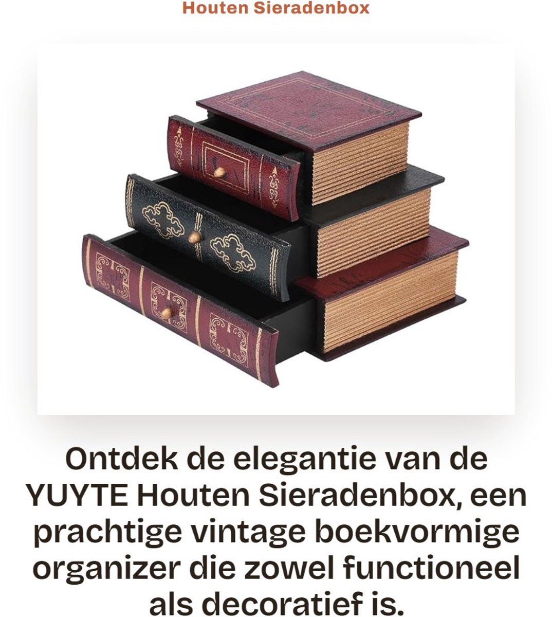 Dailygoods- Sieradenbox Elegante Vintage Boekvorm - Opbergdoos met 3 Lades - Handgemaakt - Duurzaam Materiaal - Ruimtebesparend - Uniek Ontwerp
