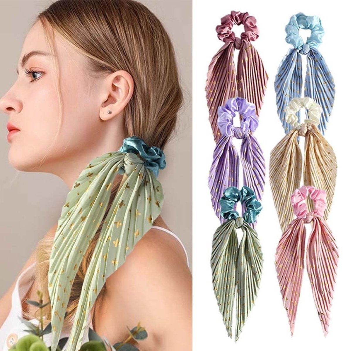Dailygoods- Haarscrunchies 6 Stuks - Satijnen Haarbanden - Geknoopte Strik Haaraccessoires - Elastische Haarelastiekjes - Comfortabele Pasvorm - Diverse Kleuren