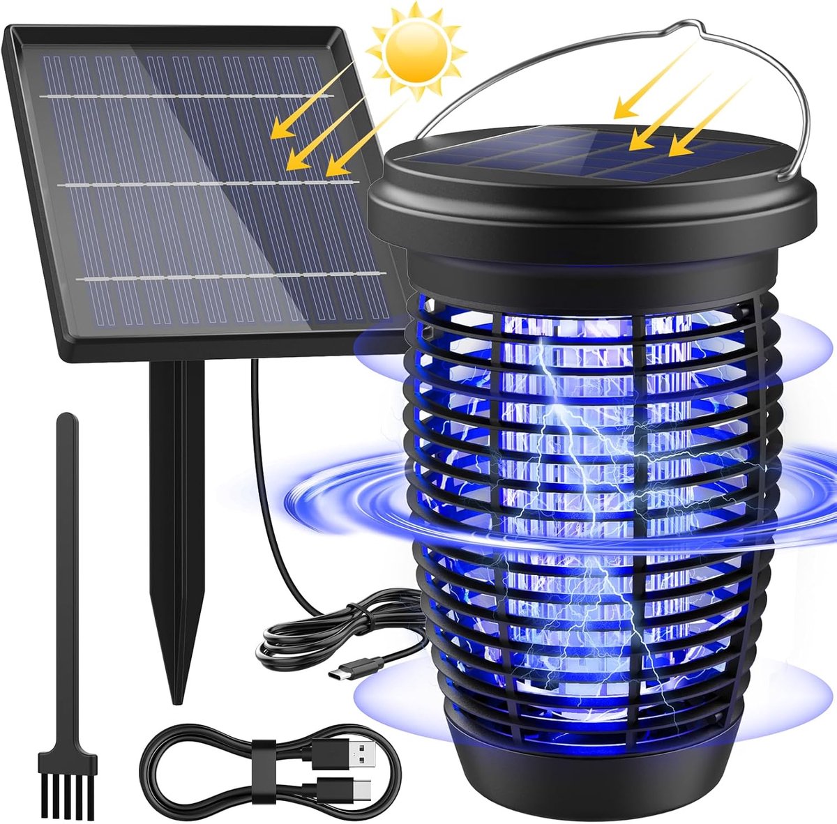 Thijox - Elektrische Insectenverdelger Zonne-energie, Oplaadbaar, 4500 V, USB C, Muggenlamp met 4 W/5 V Steunstangen, 3,5 m Kabel, 1 m Type C Oplaadka