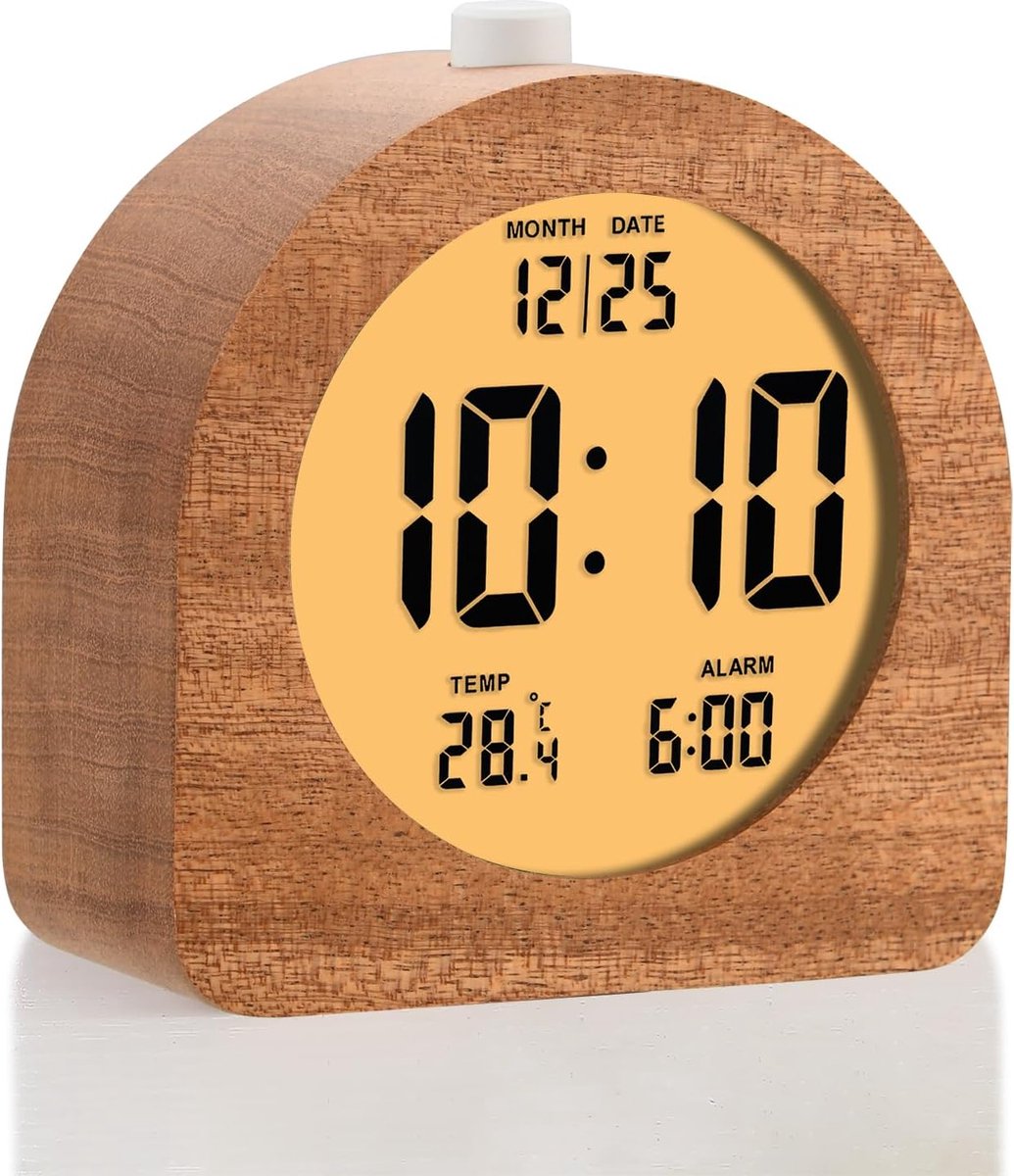Thijox - Houten Digitale Wekker 4'' op Batterijen met Sluimerfunctie en Nachtlampje, LCD-Bureauklok met Tijd/Datum/Temp Weergave, Sapele Halfrond Desi