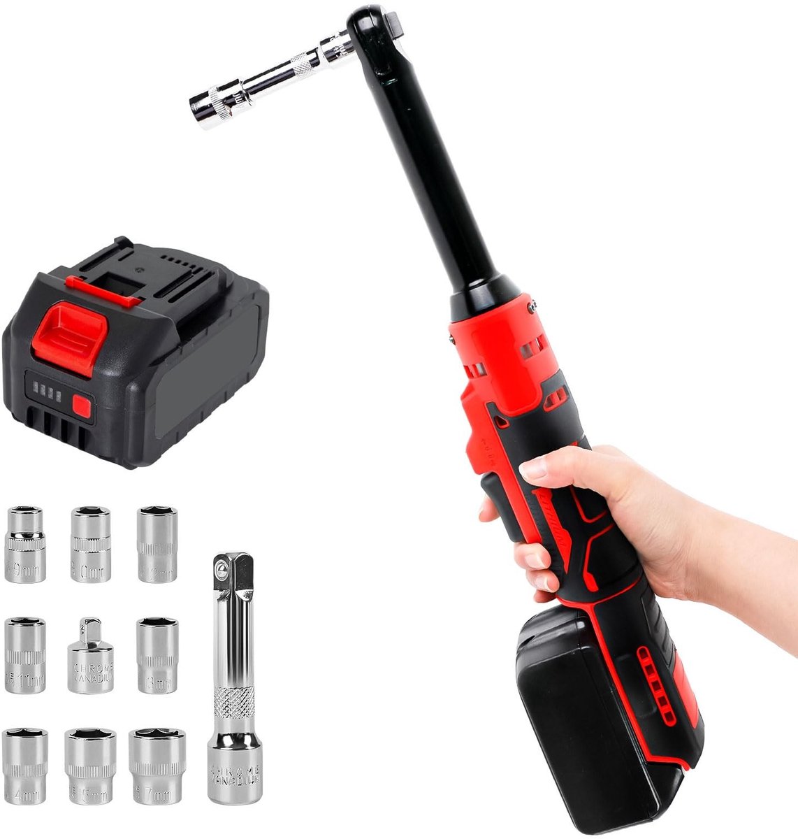 Dailygoods - 3/8 inch verlengde accu-ratelsleutel, elektrische powerratel, 80 N.m, 320 omw/min, 16 cm verlengde kop, ratelsleutel-driverset met batterij, ingebouwd LED-licht, 8 dopsleutels