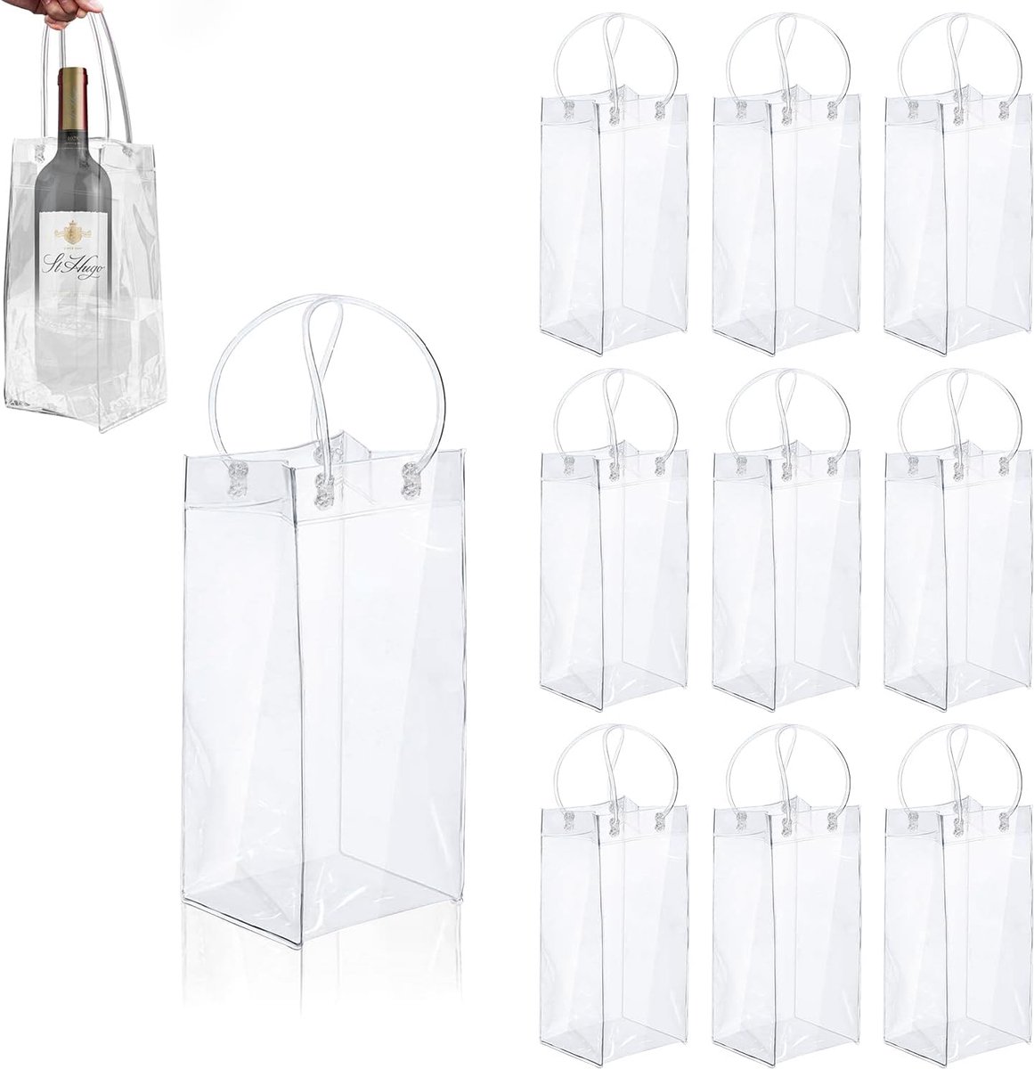 SnelShoppen - Pack van 10 Transparante Flessenkoelers Ice Bags - PVC Verpakking - Draagbare Champagne Cooler - Ideaal voor Bier, Wijn, Feest, Camping