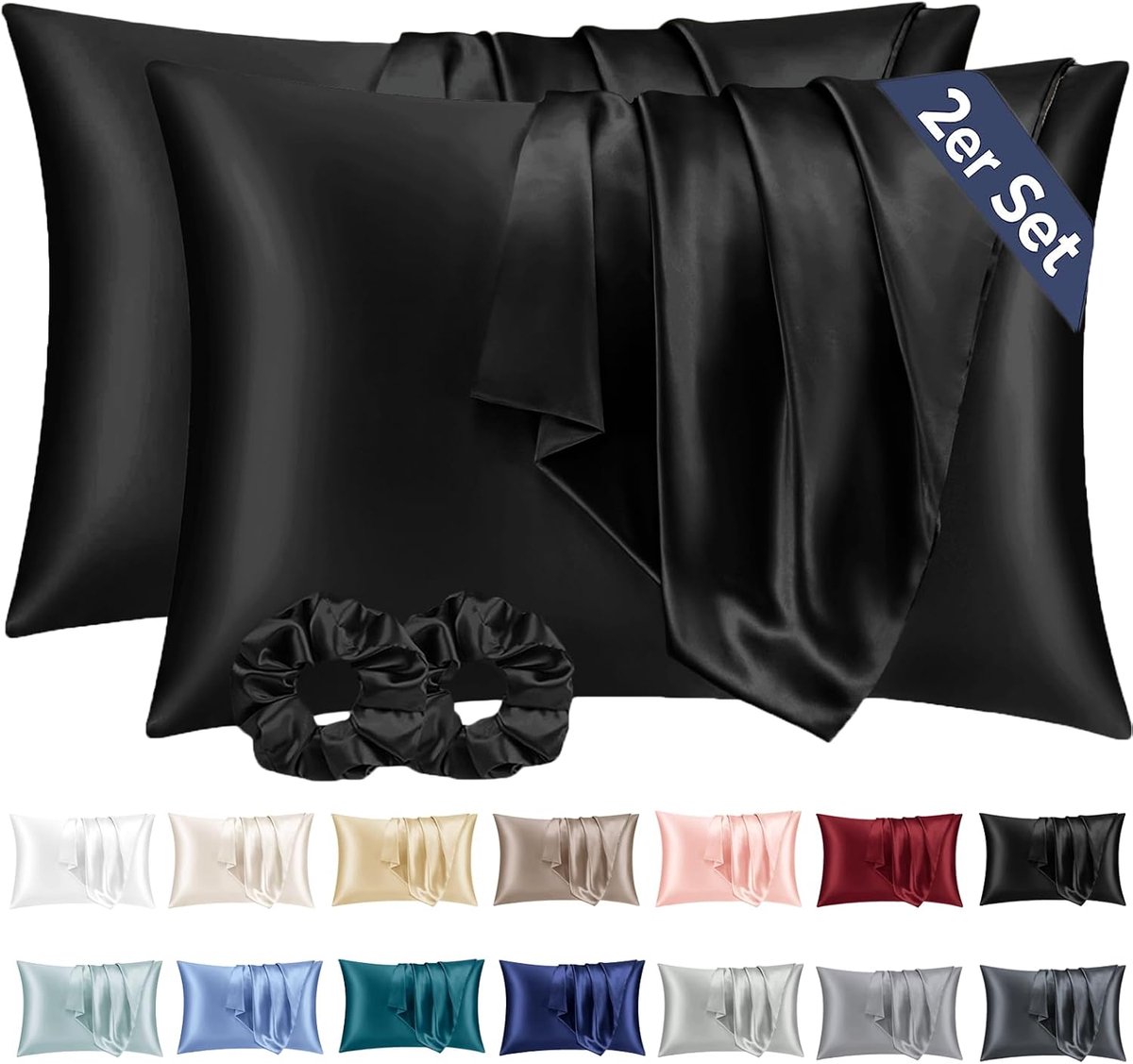 Thijox - Set van 2 Satijnen Kussenslopen 50x80 cm Zwart, Zacht als Zijde, Ideaal voor Haar en Huid, Inclusief 2 Haarbandjes, Envelopsluiting