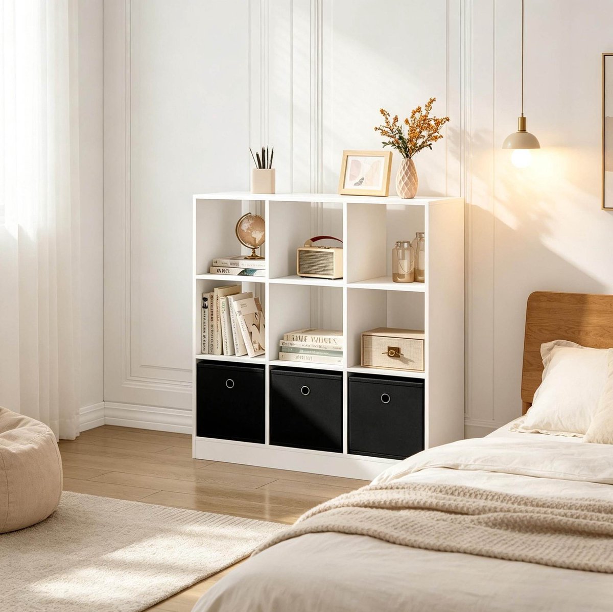 HAUSS SPOLE Boekenkast - Vrijstaand Kubusrek Met 3 Stoffen Lades - Voor Woonkamer, Slaapkamer En Werkkamer - Hout En Stof - 80x30x86,5 Cm - Wit Zwart
