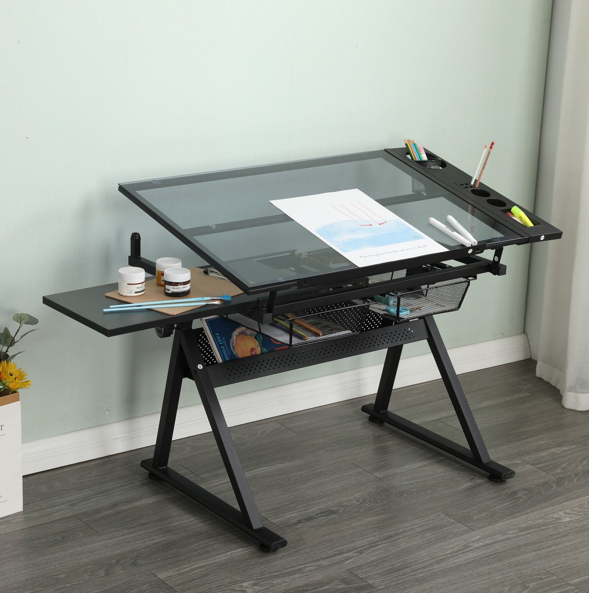 MIVRAY Tekentafel - Verstelbaar Bureau Met Kantelbaar Gehard Glazen Blad En Kruk - Met 2 Lades Voor Studio En Hobbyruimte - Zwart
