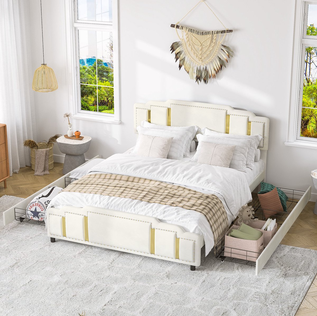 MEUNIQ gestoffeerd tweepersoons bed 160 x 200 cm met 4 lades, LED-verlichting met 7 kleuren, beige fluwelen bekleding en sierlijst voor slaapkamer