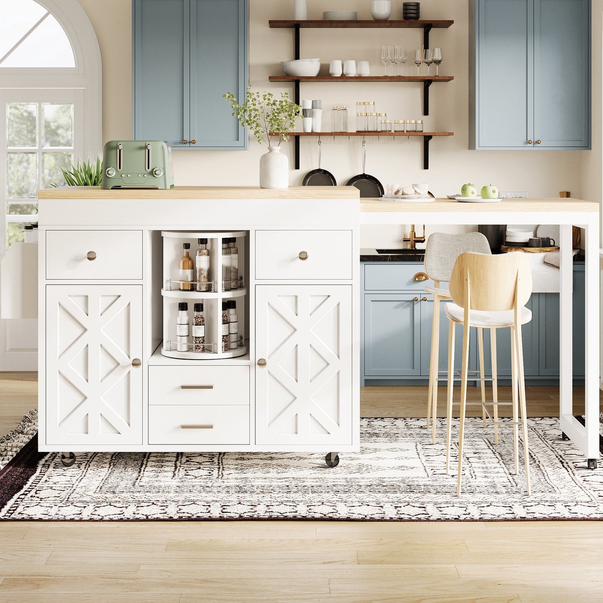 DESMIU Bartafel - Uitschuifbare Bartafel Met Opbergruimte En Wielen - Voor Keuken En Eethoek - MDF - 110-180x40x91 Cm - Wit