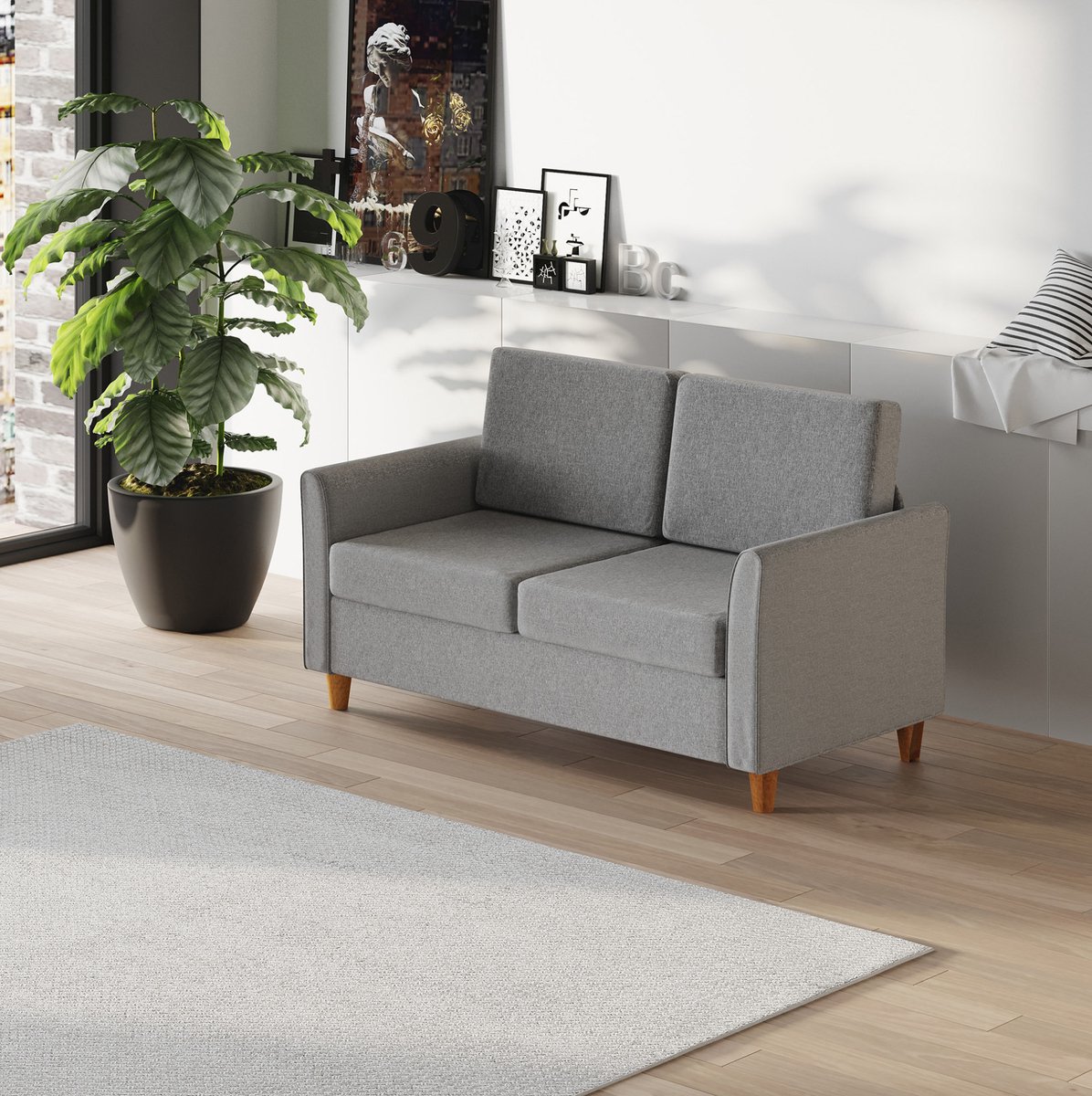 MEUNIQ 2-zitsbank 141 x 70 x 78 cm met afneembare linnen hoezen, schuimkussens, houten frame en rubberhouten poten, zitbank voor woonkamer, lichtgrijs