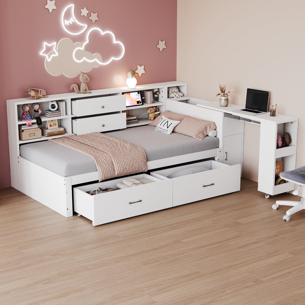 MEUNIQ eenpersoonsbed 90x200 cm met opbergruimte, 2 lades, verborgen vakken, uitschuifbaar bureau, USB en stopcontact, houten bedframe voor kinderkamer, wit