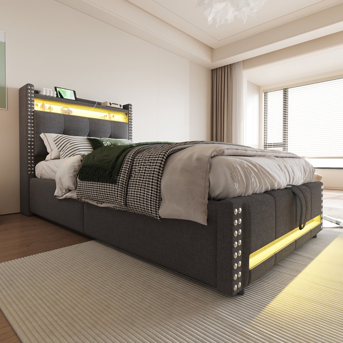 MEUNIQ gestoffeerd eenpersoonsbed 90x200 cm met LED-verlichting, USB-aansluiting, opbergruimte in hoofdbord en hydraulische bedbox voor slaapkamer grijs