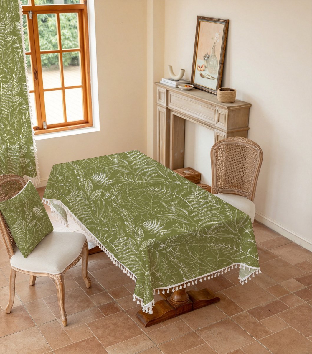 Boho-tafelkleed van polyester in olijfgroen met varenprint en kwastjes, waterdicht tafelkleed met botanisch motief en franjes,140x240cm