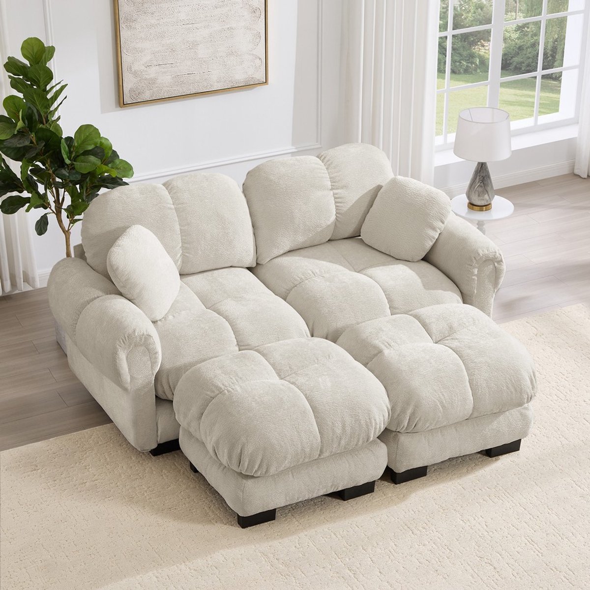 KOMHTOM Modulaire Bank - U-vormige Hoekbank - Chenille Stof - Lichtbeige met Poef - Dikke
