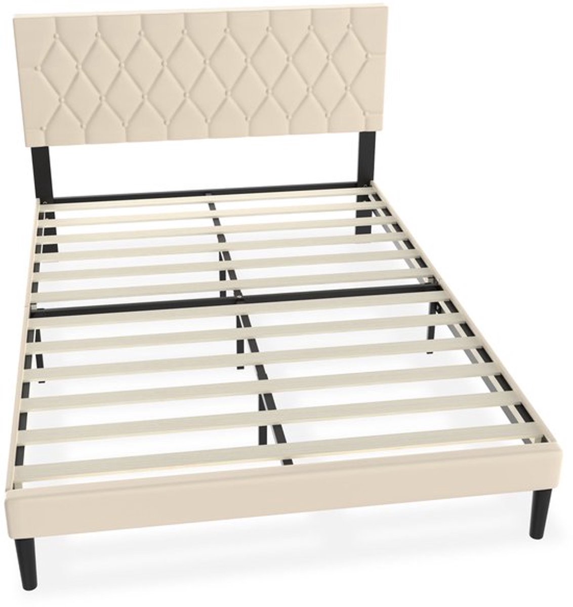 Bedframe – Gestoffeerd Bed – Tweepersoonsbed – Slaapkamer Bed – Ledikant – Lederen Hoofdbord – 160x200 cm – 300 kg Draagkracht – Eenvoudige Montage
