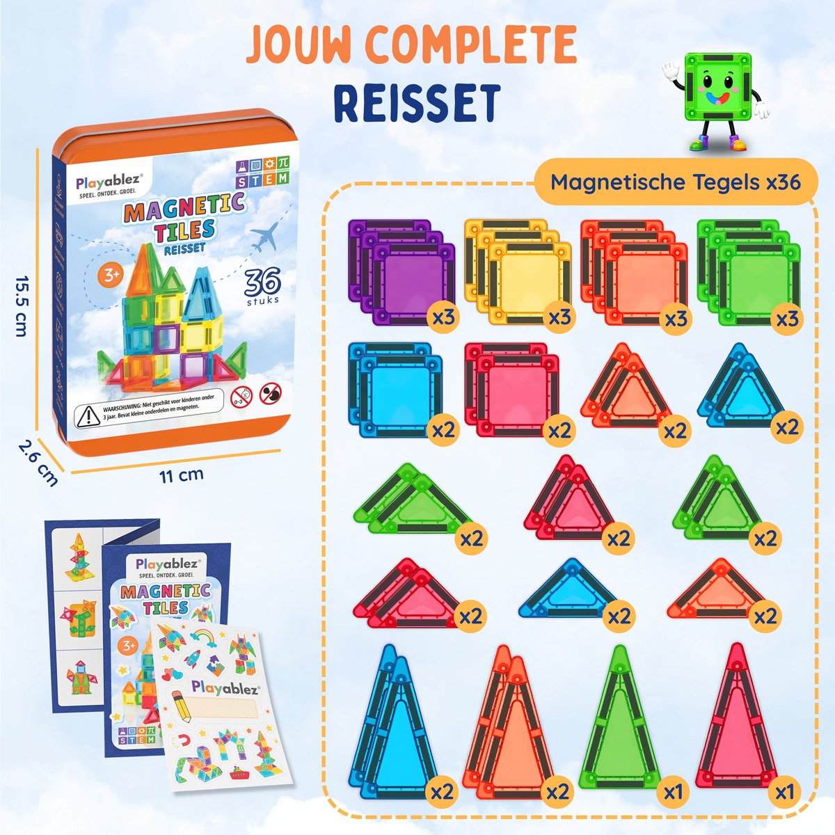Playablez Mini Magnetic Tiles Travel Set - 36 Stuks - Magnetische Tegels Reisset met Opbergblik - Reisspeelgoed voor Onderweg - Magnetisch Bouwspeelgoed Montessori Speelgoed voor in de Auto in het Vliegtuig - Magna Magneten Speelgoed Jongens Meisjes — cadeau in Spellen & Speelgoed - foto 2