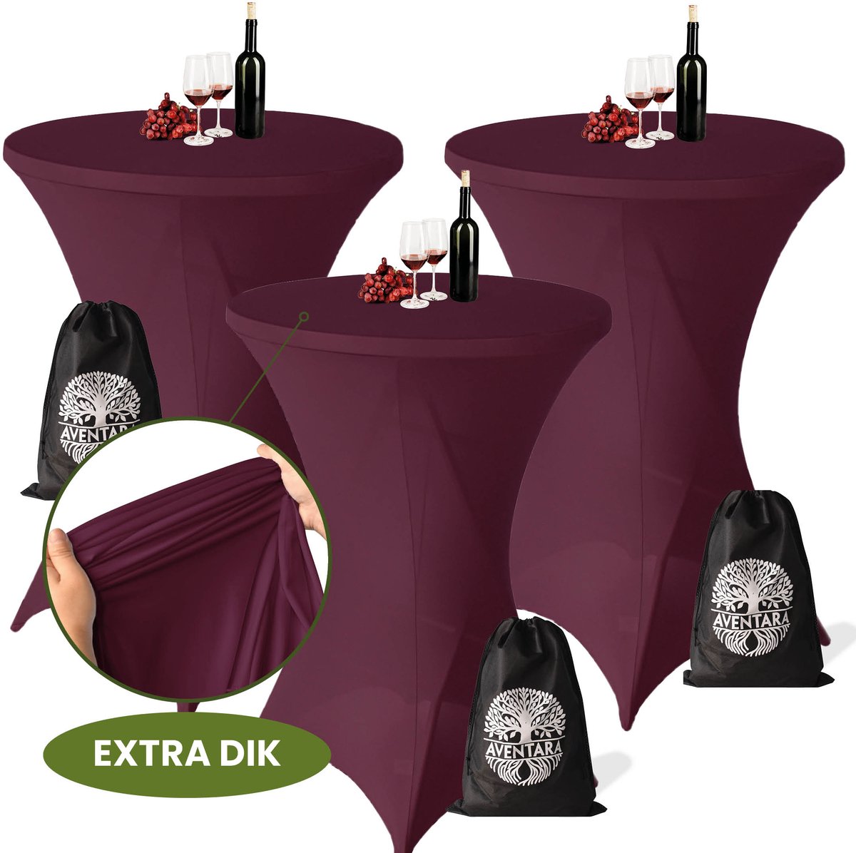 Statafelrok Bordeaux x 3 (Donker Rood) – Ø80-85 x 110 cm – Luxe Extra Dikke Stretch Stof – Inclusief Opbergtas – Kras- en Kreukvrije Statafelhoes – Perfect voor Horeca, Bruiloften en Feesten
