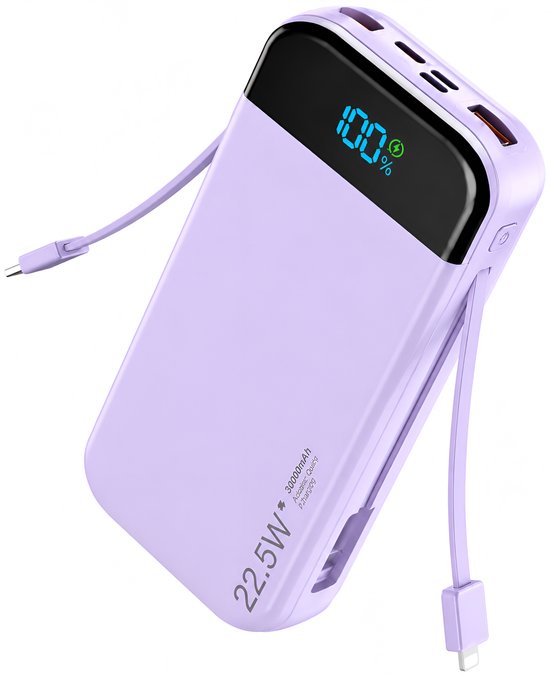 Paarse powerbank met ingebouwde kabels en 100% weergave op zwart display.