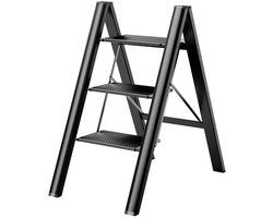 Huishoudtrap 3 Treden - Opstapje 3 Treden - Vouwladder-Keukentrap – Brede Treden –Antislip – Lichtgewicht - Opklapbaar - Keuken - 150 kg- 1 Stuk-Zwart