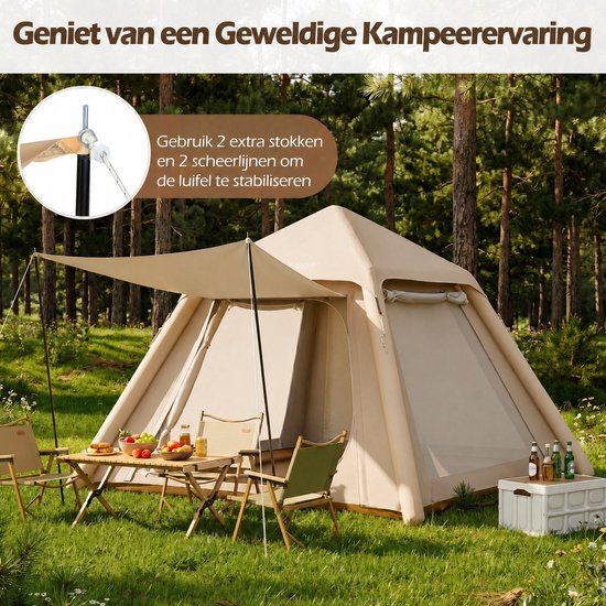 Opblaasbare tent - pblaasbare glamping tent - Waterdicht - Tot 4 personen - Khaki - Camping - Tuin - Glamping - 230L x 230B x 163H cm — afbeelding 5