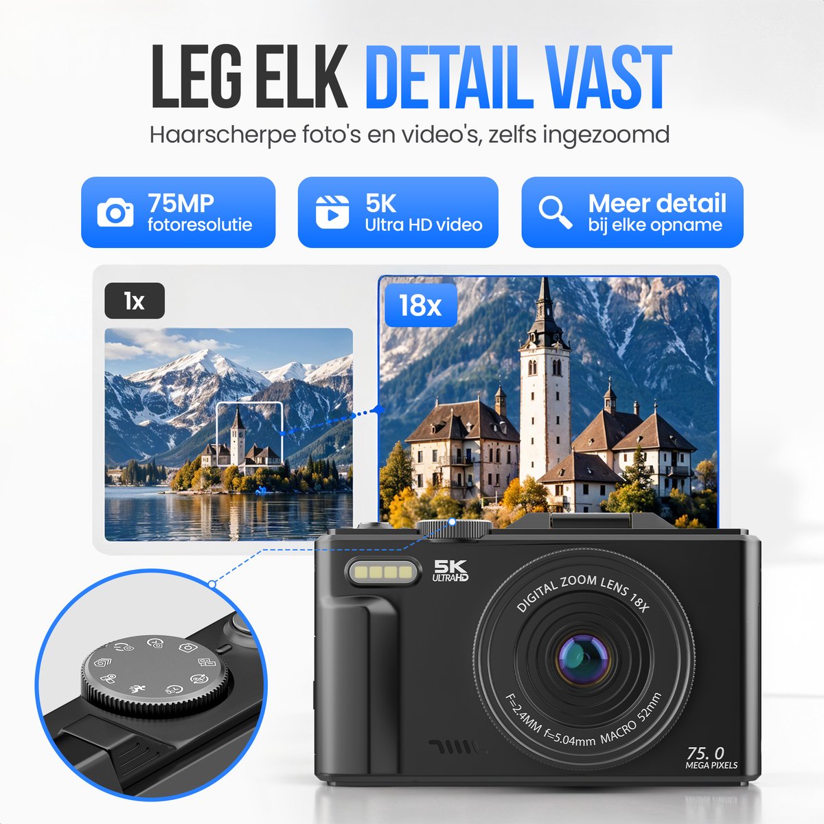 Strex Digitale Camera 5K 75MP - Fototoestel - 18x Zoom - Zwart thumbnail 5