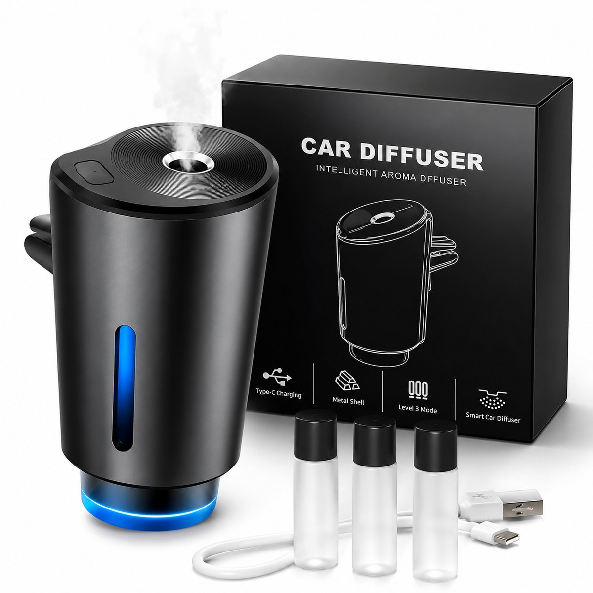 Draadloze slimme Auto Diffuser USB-C | Waterloze ultrasone Aroma Diffuser voor Auto | Fragrance