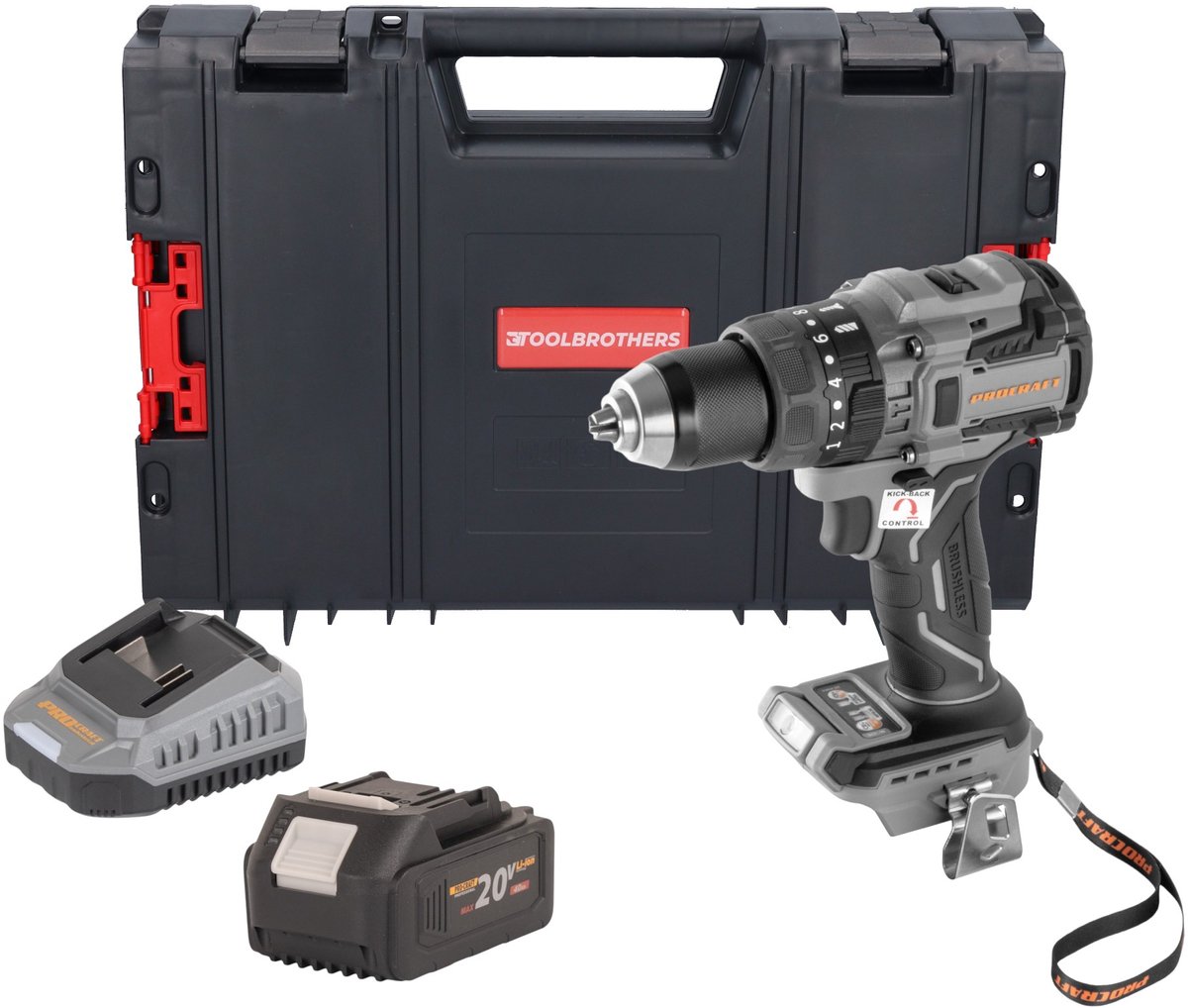 Procraft Industrial CD20B-BB accuboormachine 20 V 150 Nm borstelloos + 1x accu 4,0 Ah + oplader + RHINO-gereedschapskoffer