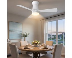 2-in-1 Plafondventilator, LED-Verlichting, 3 Instelbare Kleuren, 6 Snelheden, 3 Bladen, Sfstandsbediening, Timerfunctie, Geschikt voor Zowel Winter als Zomer, Ideaal Woonkamer (Wit, 107 cm)