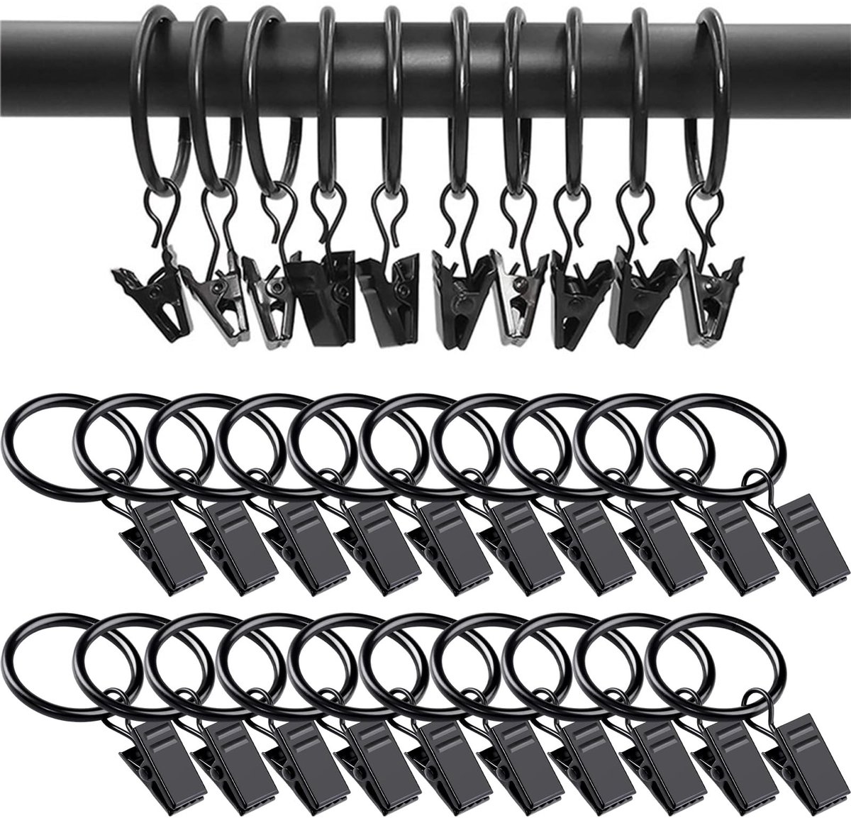 Dailygoods - 20 zwarte metalen gordijnringen met clips, robuust en duurzaam, douche- en raamhaken met roestvrije haken, compatibel met deurstangen met een binnendiameter van 32 mm