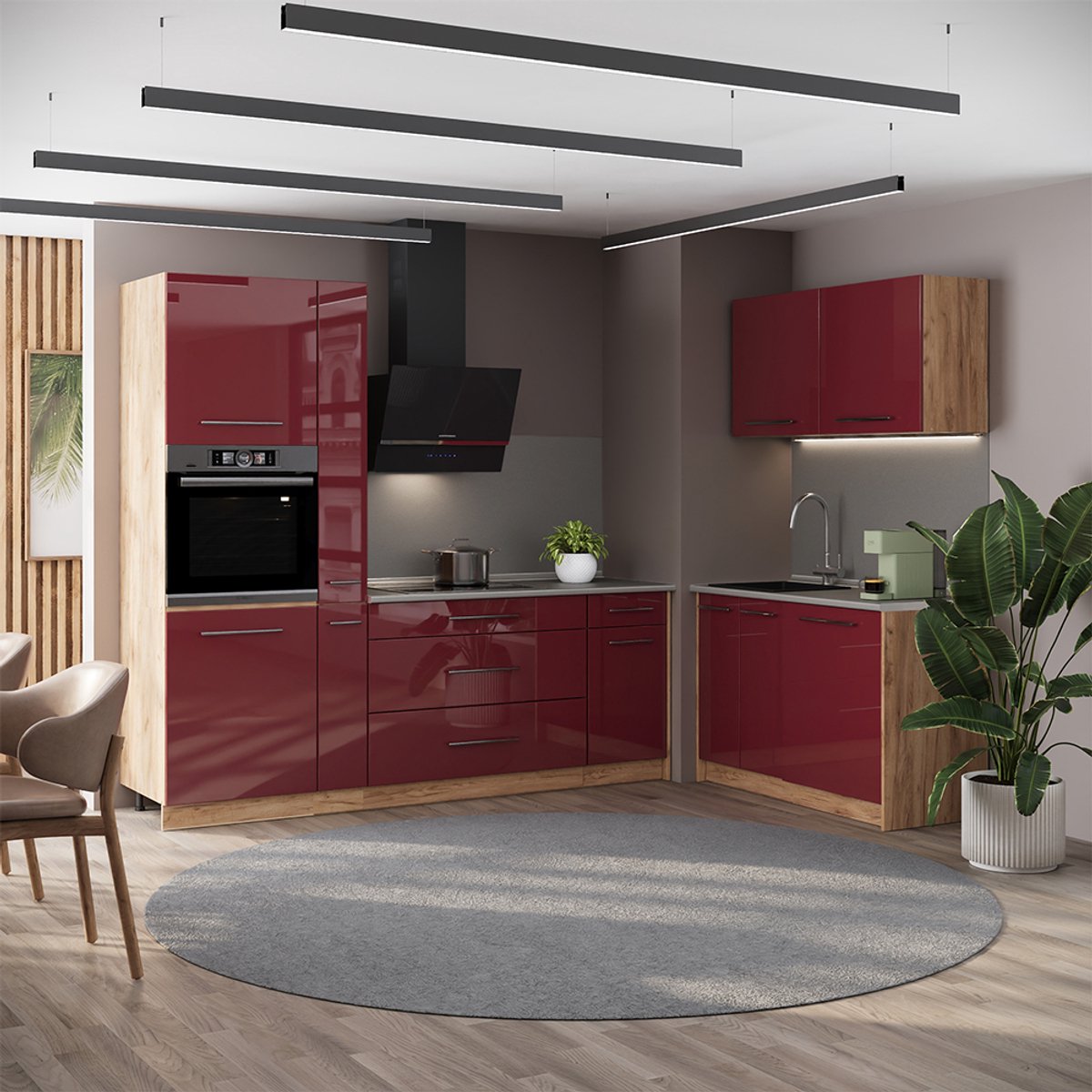 Vicco Keuken Fame-Line, Bordeauxrode hoogglans/Goudkleurig Eiken, 220 x 120 cm, WB Antraciet