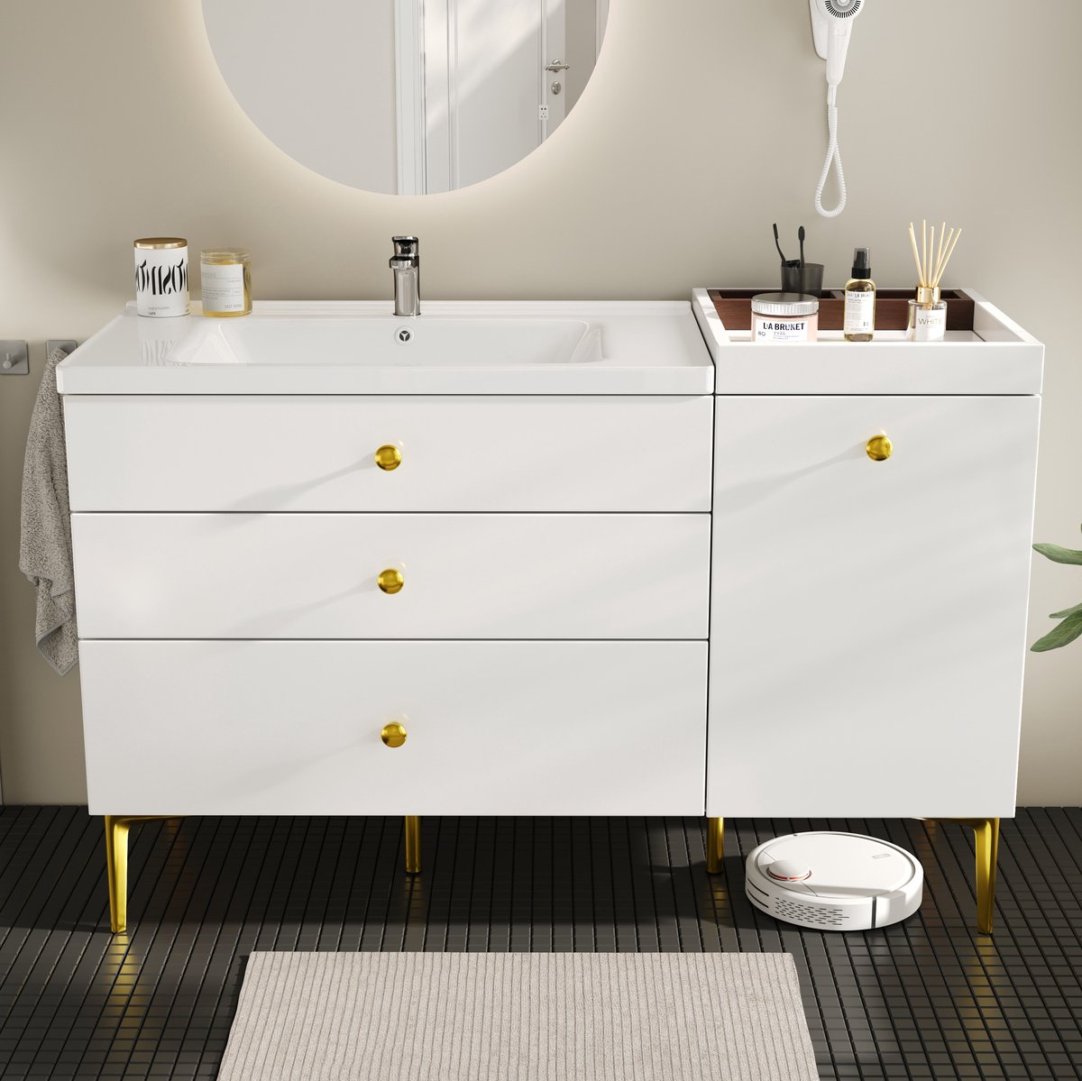 DESMIU Badkamermeubel - Onderbouwkast Met Keramische Wastafel En 3 Lades - Staand Voor Badkamer - MDF Metaal - 120x47,5x80 Cm - Wit