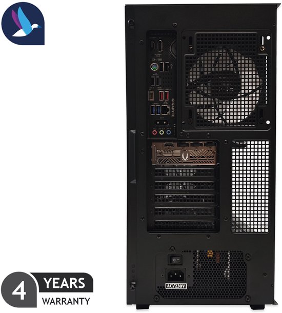 Achterkant van een zwarte computerkast met diverse poorten en een ventilator.