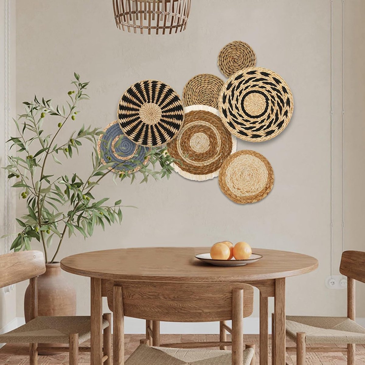 Boho-wanddecoratieset van 7, rieten manden, ronde rotan wanddecoratie, handgemaakte macramé geweven manden voor in de woonkamer, slaapkamer, eetkamer en op kantoor