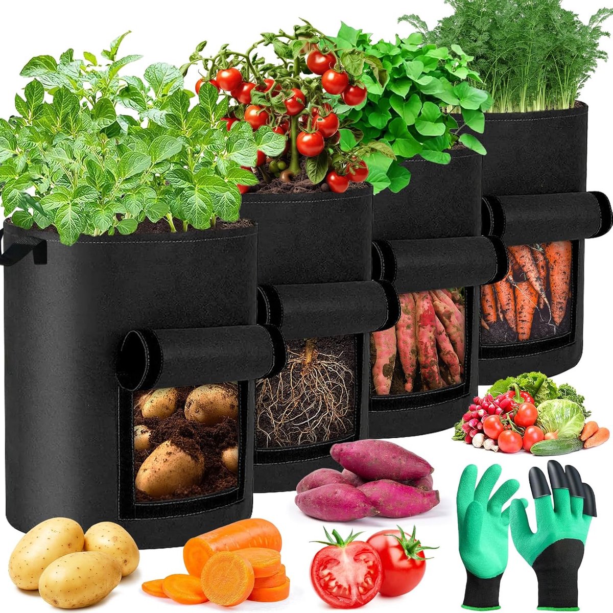 Zakken, 40 liter, met stevige handgrepen, met dubbelzijdig klittenbandvensterdesign, plantenzak voor balkon, terras