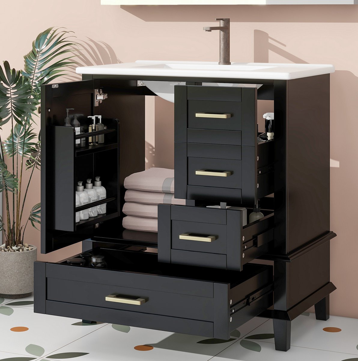 DESMIU Badkamermeubel - Staand Badkamerkast Met Keramische Inbouw Wastafel - 3 Lades En 3 Deuren Voor Badkamer - MDF - 76x46x83,5 Cm - Zwart