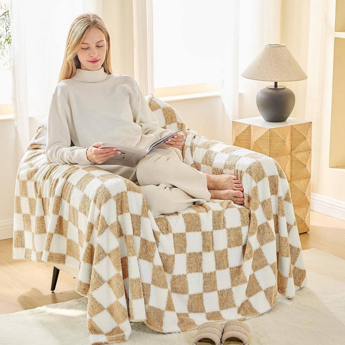 Fleece Deken Gooiende Deken, Sherpa Pluizig Flanel Deken, Geruite Dekens, Zachte Warme Knuffeldekens voor Bed, Bank, Sofa, Fauteuils, Picknick, Beige, 130 x 150cm