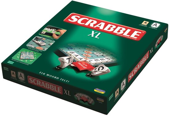 Scrabble XL speldoos met rode en groene opdruk. Inclusief 'Elk woord telt!' tekst.