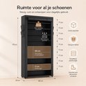 Afmetingen en draagvermogen van een zwart schoenenrek met 10 lagen.