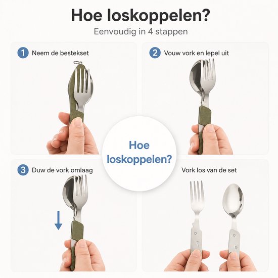 BOTC Campingbestek Set Inklapbaar - 4in1 - Set van 2 stuks - RVS - Survival Outdoor Camping - Vork, Lepel & mes opener — afbeelding 4