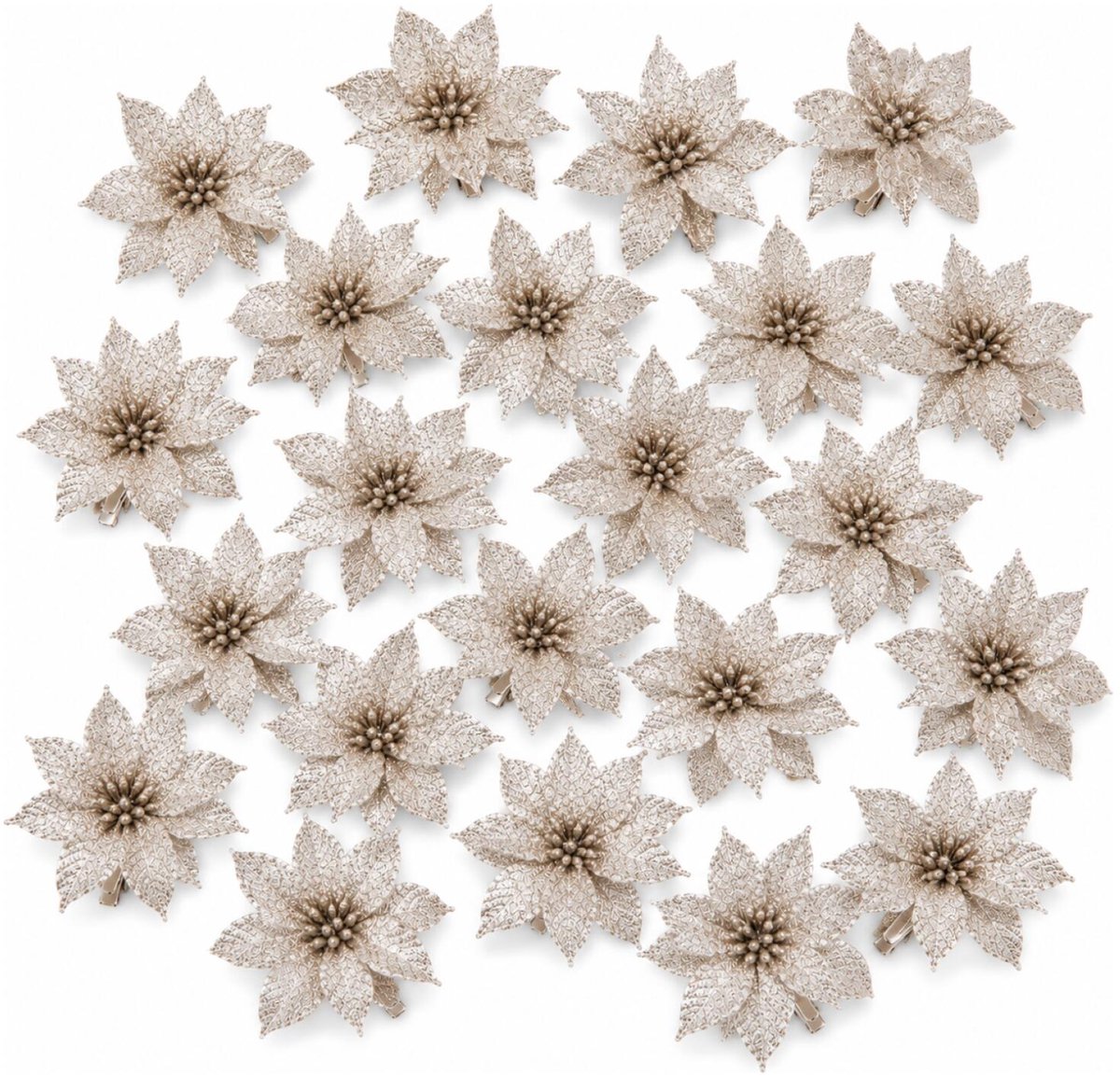 Cosy & Trendy Decoratie rozen bloemen - 18x st - champagne - glitter - op clip - 8 cm - kerstversiering