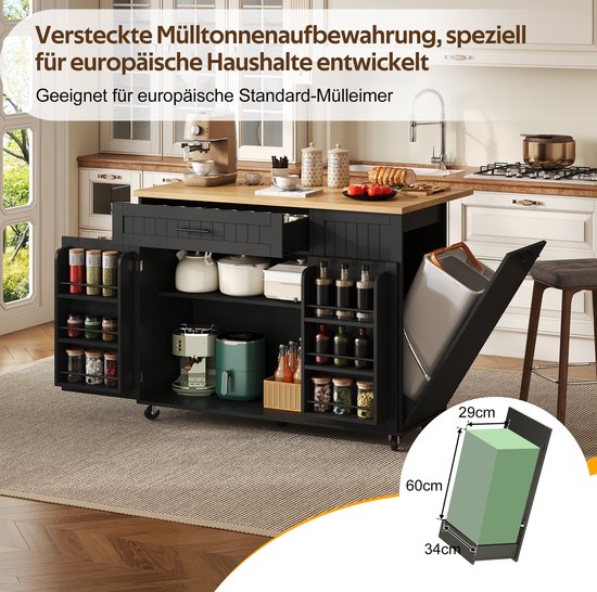 OKWISH Keukeneiland Op Wielen - Met Opklapbaar Werkblad - 130 x 45 70 x 93 cm - 1 Lade 2 Deuren - Verborgen Afvalvak - MDF Zwart van okwish — afbeelding 3
