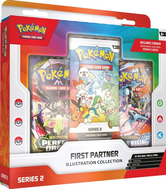 Pokémon Kaarten - First Partner Illustration Collection 2 - Booster Bundle - 3 Booster Packs - 3 Illustration Rare-stijl Promokaarten + 1 Stickervel - TCG - Pokemon Box - Cards - Pokemon Speelgoed - Pack - Mega Evolution Chaos Rising - Perfect Order