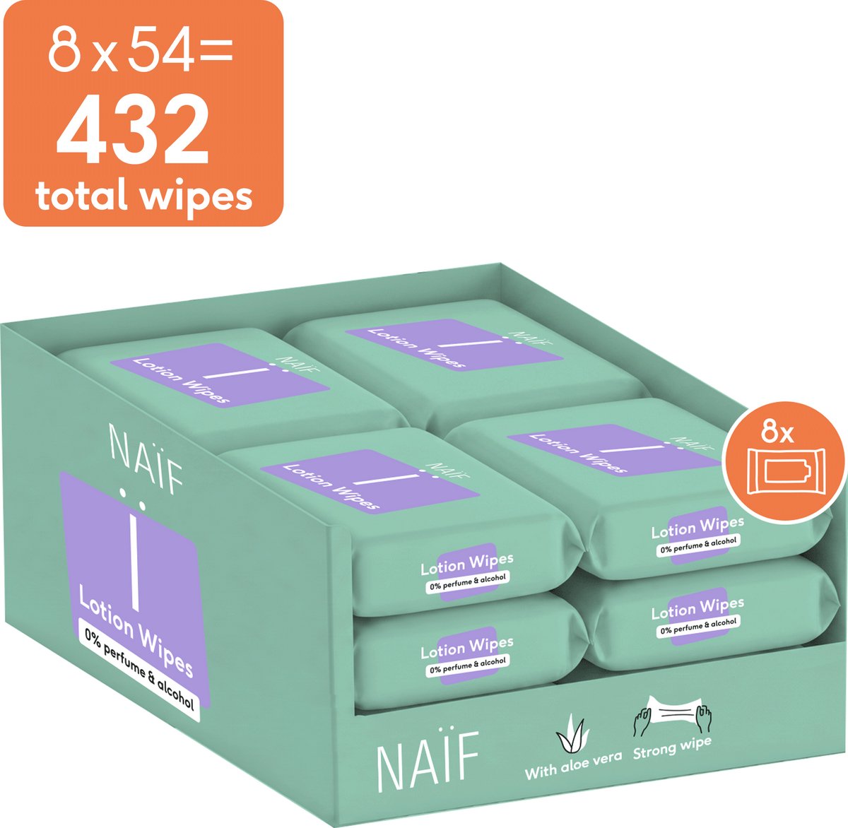 Bol.com Naïf - Sterke Lotion Wipes - 0% parfum 0% alcohol – met Aloë Vera - 432 doekjes (8 stuks x 54 doekjes) aanbieding