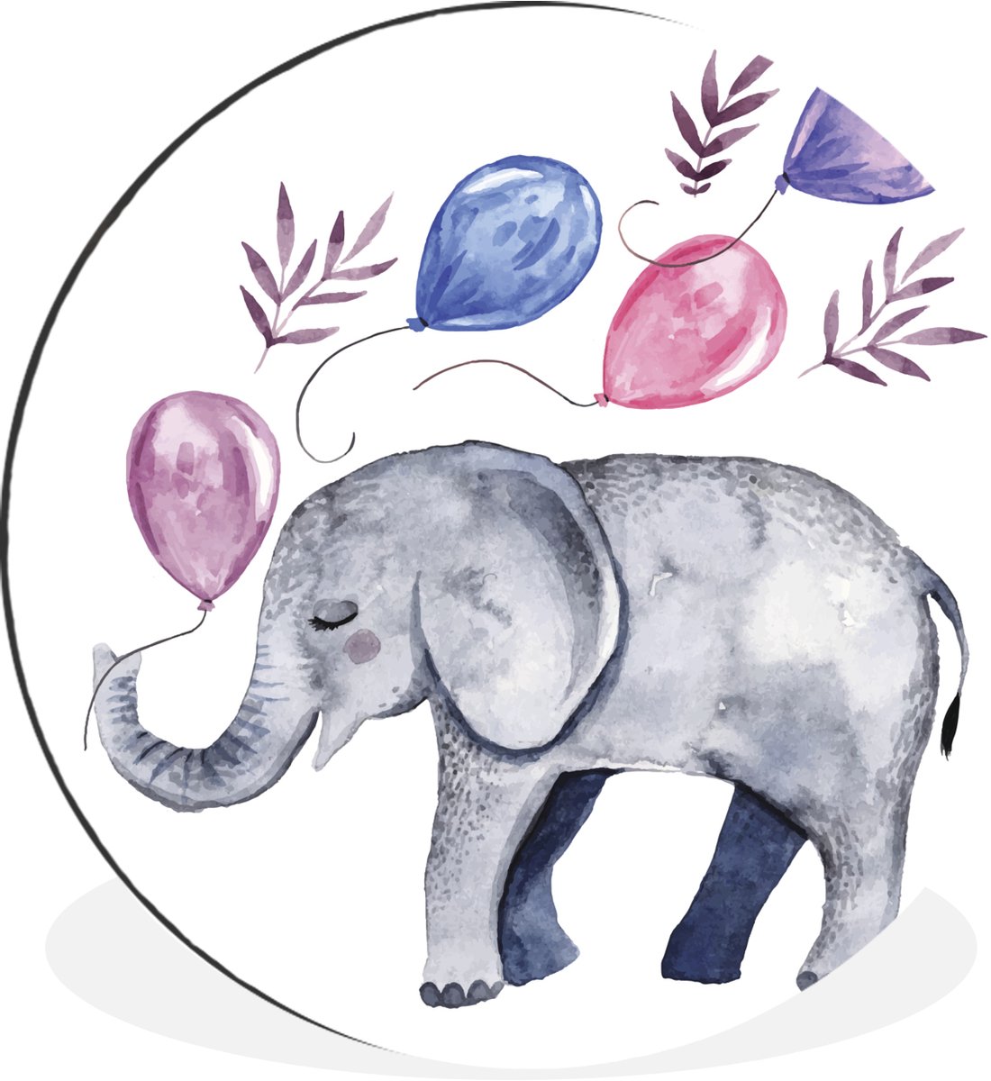 WallCircle - Wandcirkel - Muurcirkel - Olifant - Waterverf - Ballonnen - Aluminium - Dibond - 140x140 cm - Binnen en Buiten