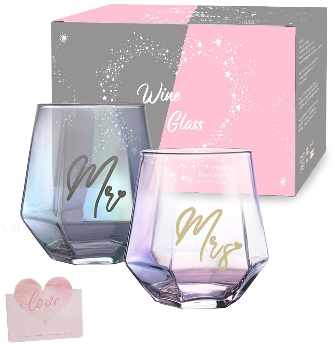 Dailygoods - BigNoseDeer Mr and Mrs Set wijnglazen voor bruidsshower, verloving, Kerstmis, Valentijnsdag