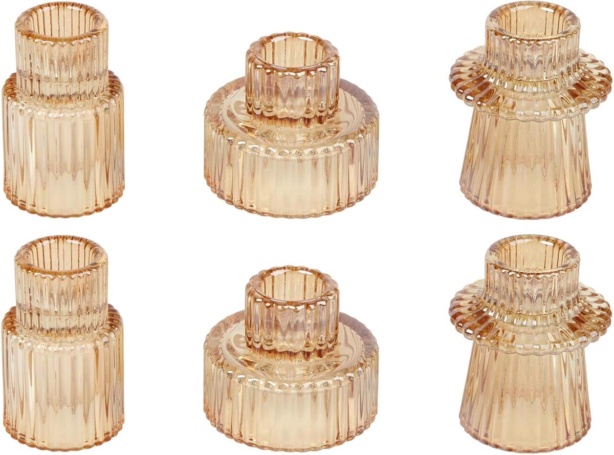 Set van 6 glazen kandelaars, 2-in-1 theelichthouder transparant, kaarsenstandaard voor staafkaarsen, kleine kandelaar staafkaars voor tafeldecoratie bruiloft, eettafel feest, Kerstmis Advent