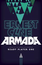 Boekhoes ARMADA van Ernest Cline met groene driehoeken en neonblauwe tekst.