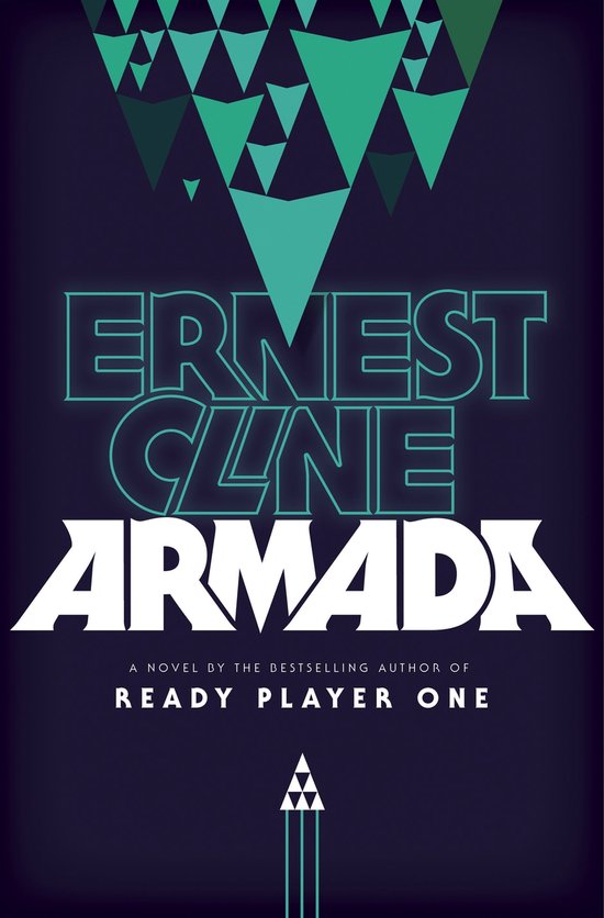 Boekhoes ARMADA van Ernest Cline met groene driehoeken en neonblauwe tekst.