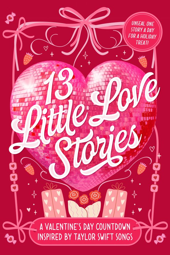 Boek met de titel '13 Little Love Stories' in een groot roze glitter hart, met cadeautjes en aardbeien op een rode achtergrond.