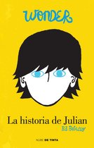 Boekomslag met een gele achtergrond. Een illustratie van een zwart gekruld kapsel met blauwe ogen en een deel van een gezicht. Tekst in blauwe letters: WONDER. Tekst in goudkleurige letters: La historia de Julian R.J. Palacio. Tekst in kleine zwarte letters: NUBE DE TINTA.