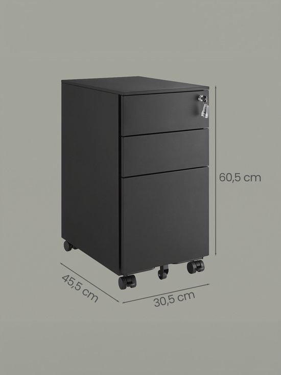 Zwarte archiefkast met 3 lades, met afmetingen 60,5 cm hoog, 45,5 cm diep en 30,5 cm breed, met wieltjes.