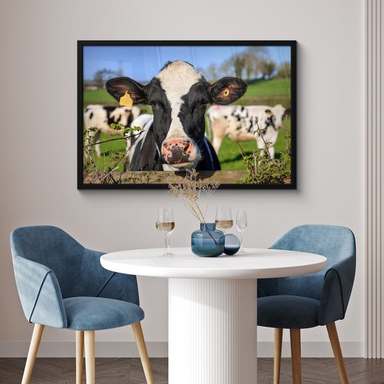 Poster in lijst - Fotolijst 90x60 cm - Posters - Koe - Hek - Gras - Dieren - Posterlijst zwart - Decoratie - Wanddecoratie woonkamer - Muurdecoratie slaapkamer